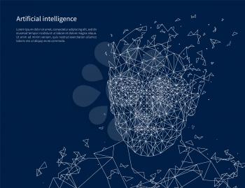 Artificial intelligence poster text sample vector. People made of geometric shapes, intellect of futuristic programmes and robots. Thinking systems