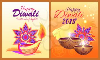 Happy diwali festival of lights, promotional poster representing calligraphy title and icons of mandala and diya vector illustration banners set