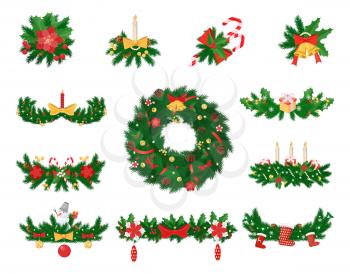 Christmas decoration of spruce, jingle bells, striped cane, ribbon or bow, holly flower and candles. Gift box, snowman, fir cone vector illustrations.