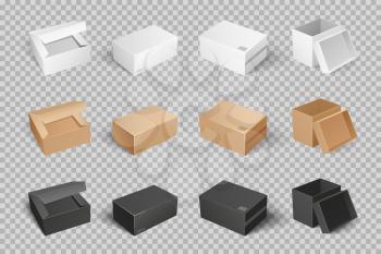 Parcel with adhesive tape 3D isometric icon vector set of white, brown and black boxes on transparent. Empty closed mockups, post containers for goods