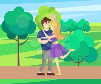Boy and girl hugging with hearts showing love and passion, vector isolated in green park, rural landscape with trees and bushes, spring or summer day