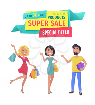 Exclusive products for super sale banner. Girls and boy shopaholic friends with purchases with promotional half price special offer advert caption.