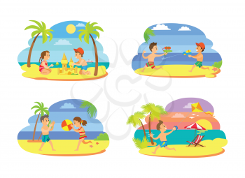 Summer activity set of teenagers on beach, playing volleyball, running with kite and squirts, making sand castle. Portrait view of children vector