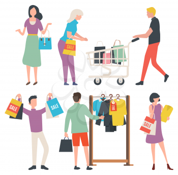 People buying clothes, man and woman with packages. Sale old collection, choosing model, suit and t-shirt on hanger, discount promotion, purchase vector