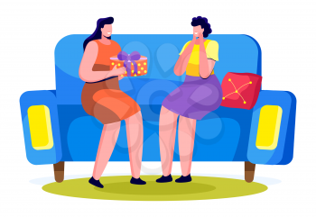 Woman give box with present to her friend, greeting with holiday. Women sitting on sofa in living room at home. Package tied with ribbon and bow with gift inside. Vector illustration in flat style