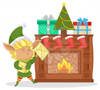 Elf near fireplace, christmas eve. Fairy character stand in living room and hold letter with xmas wishes. Boxes, red socks with gifts and decoration fir tree on hearth. Vector illustration in flat
