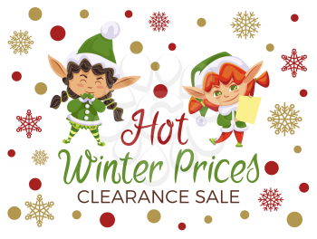 Winter sale promotional poster with proposal for clients and calligraphic inscription. Children wearing traditional costumes for christmas. Elves and snowflakes, xmas characters vector in flat
