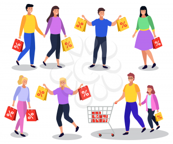 Big sale and discounts in shops, person buy products at low price. Families and couples, men and women on shopping. Guy pushing trolley in supermarket, people with bags. Vector illustration in flat