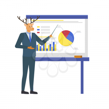 Hipster animal vector, deer with horns wearing formal suit with tie presenting new idea. Statistic and infographics color, person pointing on chart