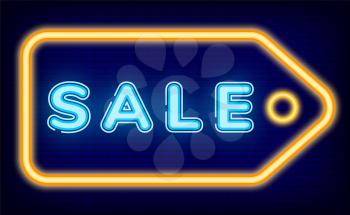 Sale sign with glowing effect vector. Discount symbol, offer deal on pricetag neon icon isolated on blue brick background. Marketing and shopping, proposals for shoppers flat style illustration