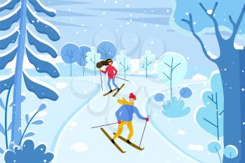 Winter landscape and people leading active lifestyle. Sportive people skiing outdoors in cold season. Man and woman extreme hobby practicing ,. Race of male and female in forest. Vector in flat