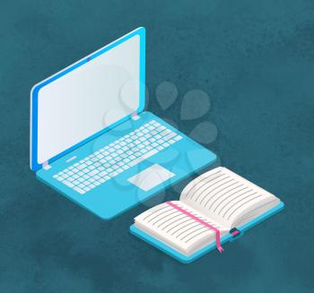 Laptop or personal computer with opened paper book isolated on blue. Device with screen and keyboard. Text book with hard cover. Supplies for education and work. Vector illustration in flat style