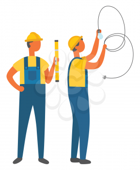 Electrician holding light bulb with tube, construction worker with ruler. Repairman wearing helmet and uniform, builder and electric occupation vector. Flat cartoon