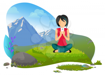 Hiking in mountains, traveling and tourism, woman with smartphone vector. Traveler and landscape, backpacking or trekking, woman and wild nature, rocks. Mountain tourism