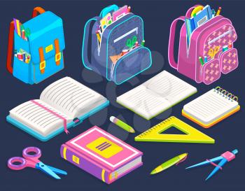 Schoolbags with stationery isolated on background. Opened book and notebooks. There are stuff on vector pencil and pen, ruler and scissors. Back to school concept. Flat cartoon isometric 3d