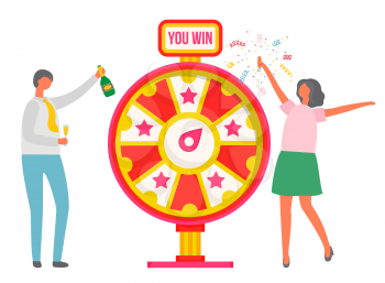 Man and woman celebrating victory in casino vector, isolated couple with champaign bottle and roulette. Dollars and confetti, lucky day for gamblers. Family win money in slot mashine. Flat cartoon