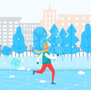 Man skating on rink alone in urban park. Guy spend leisure time doing his hobby. Outdoor activity in winter. Landscape with city buildings and snowy trees on background. Vector illustration in flat