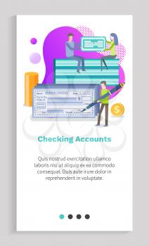 Checking account vector, man and woman with check and signature, person holding big pen writing info on bill, people using banking system. Website or app slider template, landing page flat style