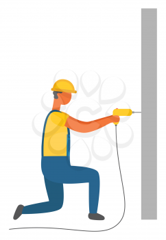Repairing man vector, isolated character with drill and wall. Working male, wearing protective helmet handyman with special instrument, work tool