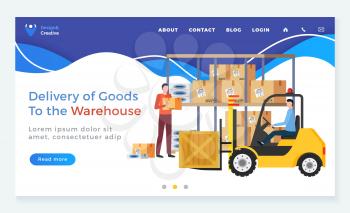 Delivery of goods from warehouse, man holding parcels with products from shops. Machine with driver and loading option of car. Shipping logistics service. Website or webpage vector, landing page