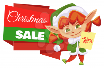 Christmas sale and winter discount in shops, elf girl in green costume holding blank wish list. Santa helper and holiday clearance, price off or reduction. Designed ad with dwarf vector illustration
