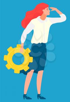 Employee character holding cogwheel, business ambitions. Worker developing, woman setting, company innovation, creative idea, development technology vector