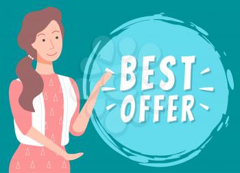 Best offer at shop vector, isolated character with circle and inscription. Promotion clearance, presenter with sales and offering from stores banner
