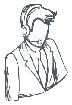 Freehand sketch of working man. Guy talking using headphones and microphone. Businessman in suit. Outline picture, simple drawn transparent person. Grey circuit vector illustration in minimalism