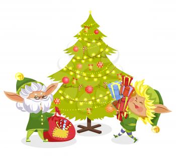 Elves fairy characters holding sack and presents near Christmas tree decorated by garland. Card with funny gnome hero in traditional costume near fir-tree. Xmas assistant with bag and gift box vector