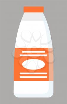 Milk in glass bottle, isolated dairy products. Container with emblem and info of beverage. Reservoir with organic beverage, natural and ecological food with vitamins and lactose. Vector in flat