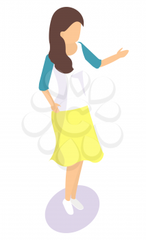 Cartoon female character template. Girl with brown hair wearing yellow skirt and white shirt with blue sleaves. Woman personage figure without face 3D vector