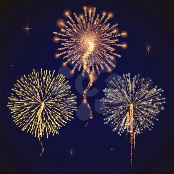 Firework sparkling with lights, fireworks on night or evening sky. Explosion for festival, festive moods. New Year celebration holidays. Bright and shiny decoration. Vector sparkle and glittering ray