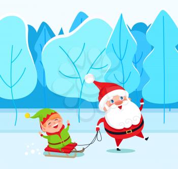 Santa Claus and elf cartoon character on sleigh walking in winter park. Christmas holiday card with funny winter fairy heroes going near snowy fir-trees. Festive card with Xmas kids in forest vector