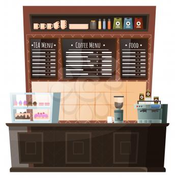 Coffeehouse homelike interior, workplace of barista. Furniture for cafe like stance with coffee machine and pastry stand. Menu board with positions of food and beverages. Vector illustration in flat