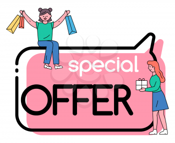 Special offer promo poster, isolated female customers happy of shopping. Women with bags and presents bought in stores on lowered prices. Shoppers with packages. Vector in flat style illustration