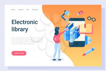 Electronic library access vector, education and getting knowledge from publication. Ebooks and online application for reading, exam preparation. Website or webpage template, landing page flat style