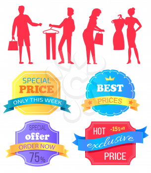 People shopping at store vector, silhouette of man and woman with bags. Super sale best choice, premium quality products. Discounts and offers banners. Business sale stikers. Flat cartoon