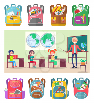 Children sitting on geography lesson at school. Teacher explainind educational material to pupils using globe and hemispheres map vector. Sey of backpaks. Back to school concept. Flat cartoon