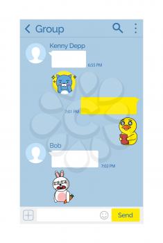 Smartphone app interface, Kakao talk korean messenger vector. Chat interface, messages and stickers, digital application, online fast communication