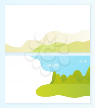 Abstract representation of horizon vector, set of blurry clear sky with clouds, lawn and green grass. Mountain with greenery and bushes in distance