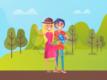 Man and woman lovely day in park, male embracing female and holding flowers. Portrait view of smiling people, walking outdoor, relationship vector