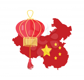 Map of Chinese country vector, traditional representation of China with flag stars and paper lantern isolated flat style. Oriental culture elements