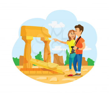 Traveling people vector, old city with architecture, vacation of man and woman. Couple with professional camera, stone and historic ruins of buildings