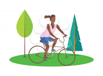 Woman riding bicycle in park or forest, portrait view of girl character in casual clothes sitting on transport, sporty person and nature decoration vector
