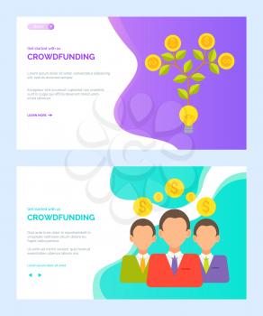 Crowdfunding vector, people with money businessman wearing suits with ties, tree growing with foliage and leaves with gold coins, savings. Website or webpage template, landing page flat style