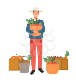 Farming man on harvesting season vector, isolated male with basket and carrots, tomatoes apples in bags and wooden containers flat style harvesting