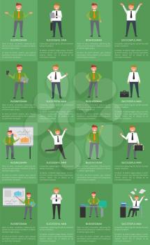Set of posters businessmans activity at work with text and title sample below each image vector illustration isolated on green, office worker routine