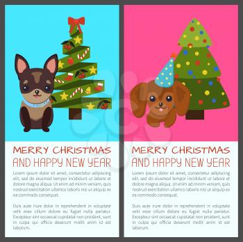 Merry Christmas and happy New Year, posters with dogs, symbolic pets, tree decorated with mistletoe, and bells with bow, vector illustration