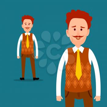 Office worker or clerk character. Red-haired mustached man in orange cardigan knitted waistcoat and tie half-length and full-length portraits flat vector. Businessman or manager cartoon illustration