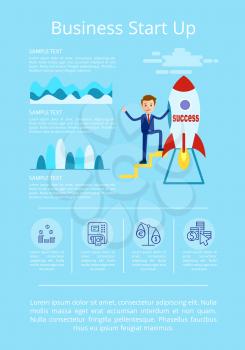 Business startup presentation with happy businessman on icon of rocket that represents success. Vector illustration with startup ideas on light blue background